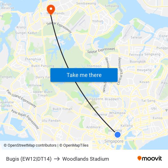 Bugis (EW12|DT14) to Woodlands Stadium map