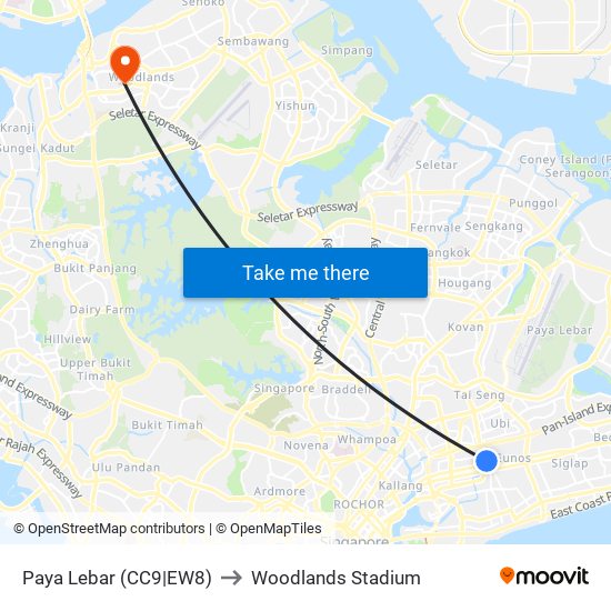 Paya Lebar (CC9|EW8) to Woodlands Stadium map
