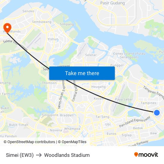 Simei (EW3) to Woodlands Stadium map