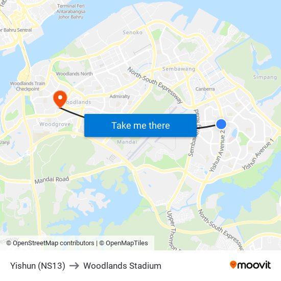 Yishun (NS13) to Woodlands Stadium map