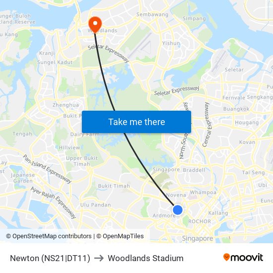 Newton (NS21|DT11) to Woodlands Stadium map