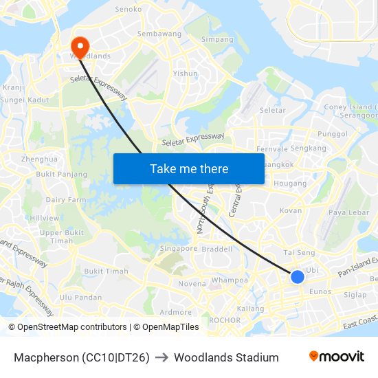 Macpherson (CC10|DT26) to Woodlands Stadium map