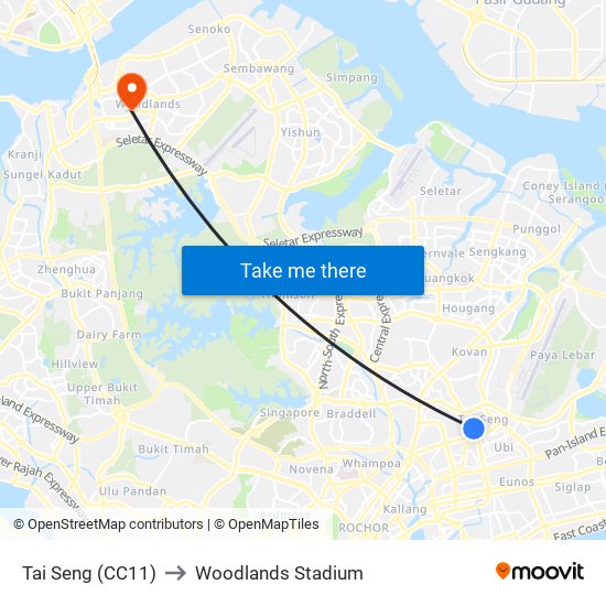 Tai Seng (CC11) to Woodlands Stadium map