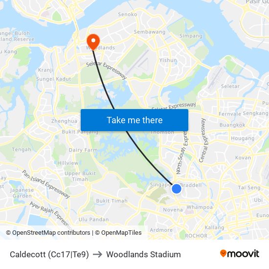 Caldecott (Cc17|Te9) to Woodlands Stadium map