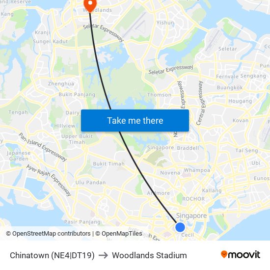 Chinatown (NE4|DT19) to Woodlands Stadium map