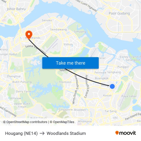 Hougang (NE14) to Woodlands Stadium map