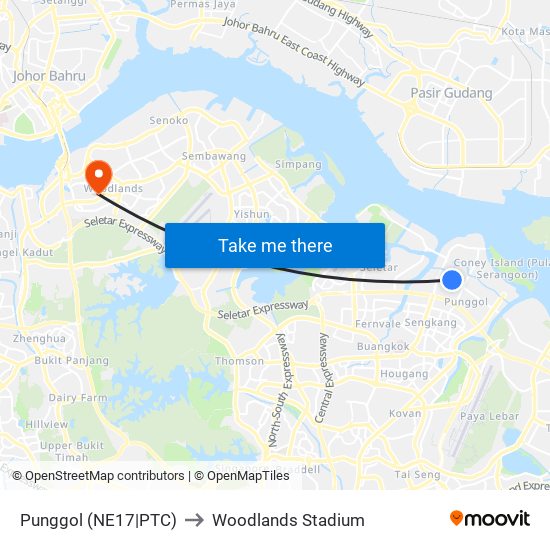 Punggol (NE17|PTC) to Woodlands Stadium map