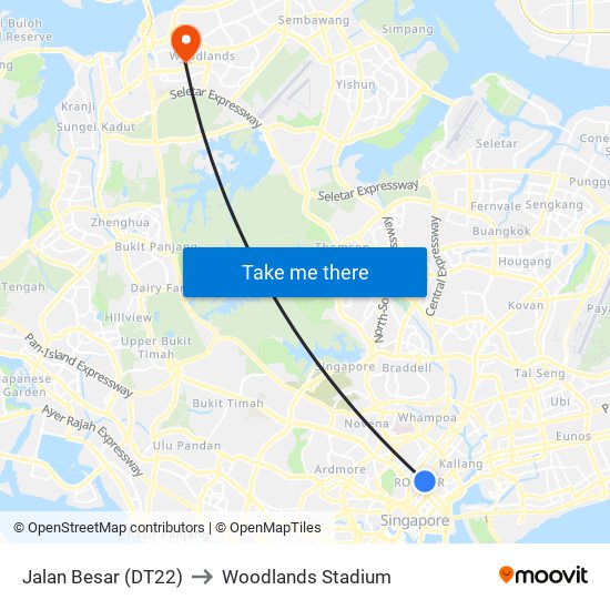 Jalan Besar (DT22) to Woodlands Stadium map
