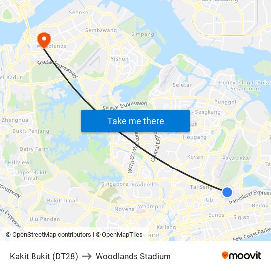 Kakit Bukit (DT28) to Woodlands Stadium map