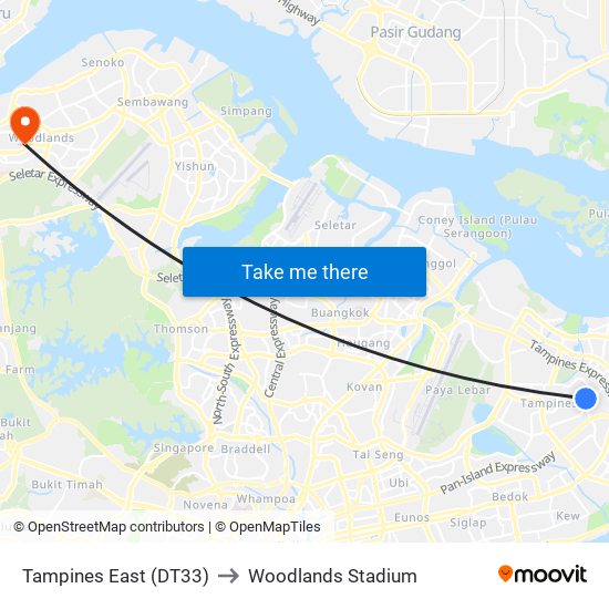 Tampines East (DT33) to Woodlands Stadium map