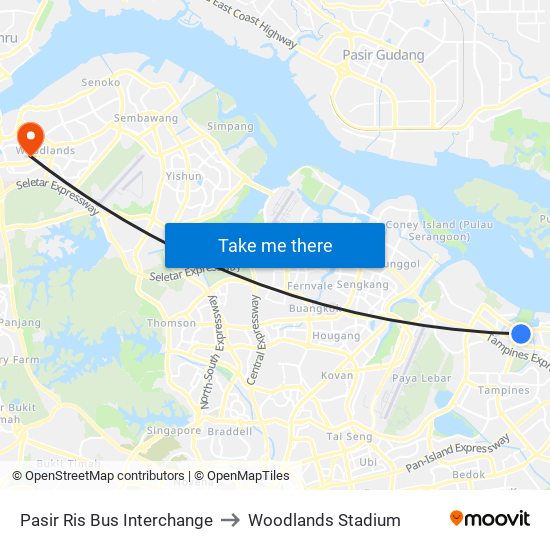 Pasir Ris Bus Interchange to Woodlands Stadium map