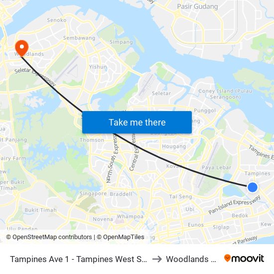 Tampines Ave 1 - Tampines West Stn Exit B (75051) to Woodlands Stadium map