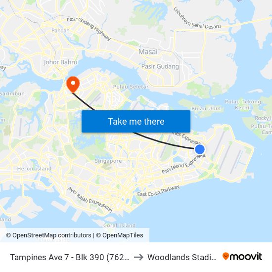 Tampines Ave 7 - Blk 390 (76239) to Woodlands Stadium map