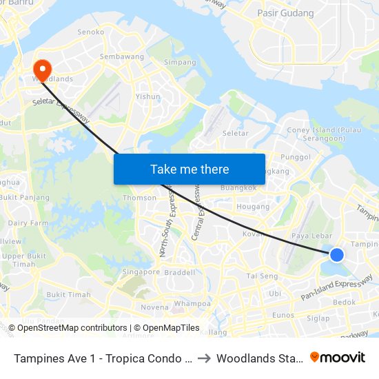 Tampines Ave 1 - Tropica Condo (75259) to Woodlands Stadium map