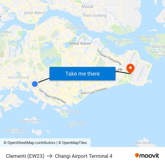 Clementi (EW23) to Changi Airport Terminal 4 map