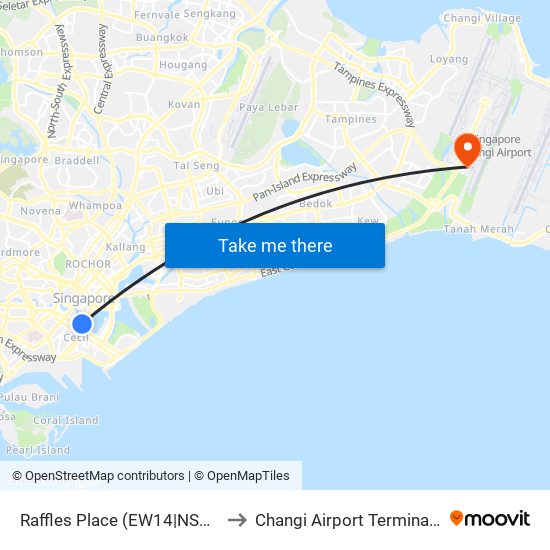 Raffles Place (EW14|NS26) to Changi Airport Terminal 4 map