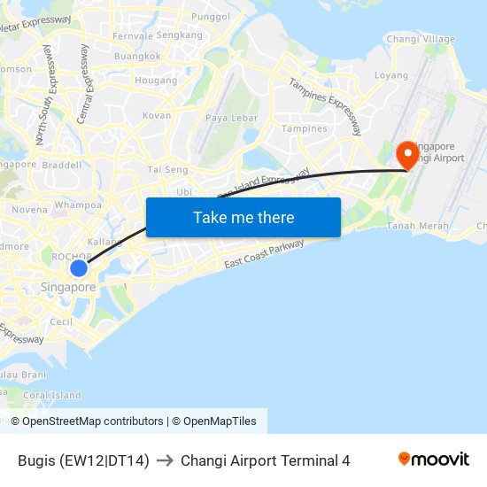 Bugis (EW12|DT14) to Changi Airport Terminal 4 map