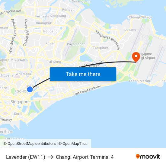 Lavender (EW11) to Changi Airport Terminal 4 map