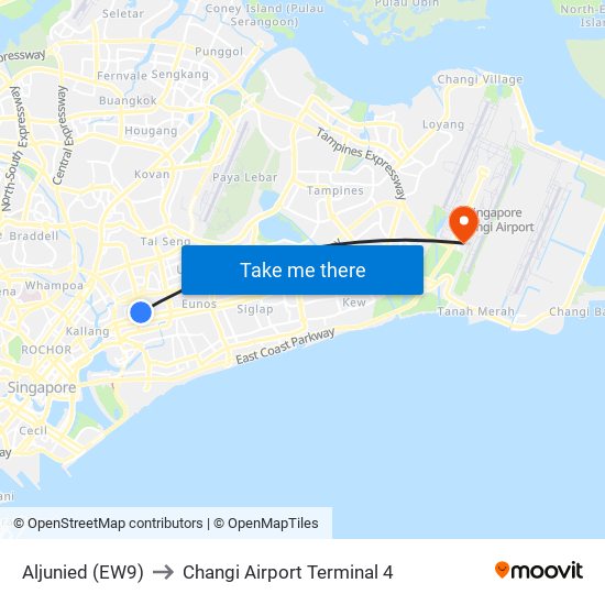 Aljunied (EW9) to Changi Airport Terminal 4 map