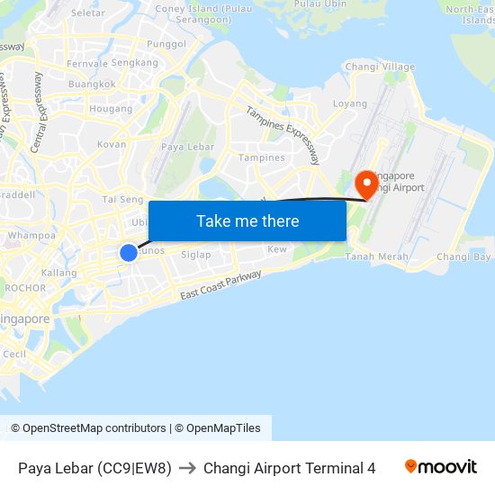 Paya Lebar (CC9|EW8) to Changi Airport Terminal 4 map