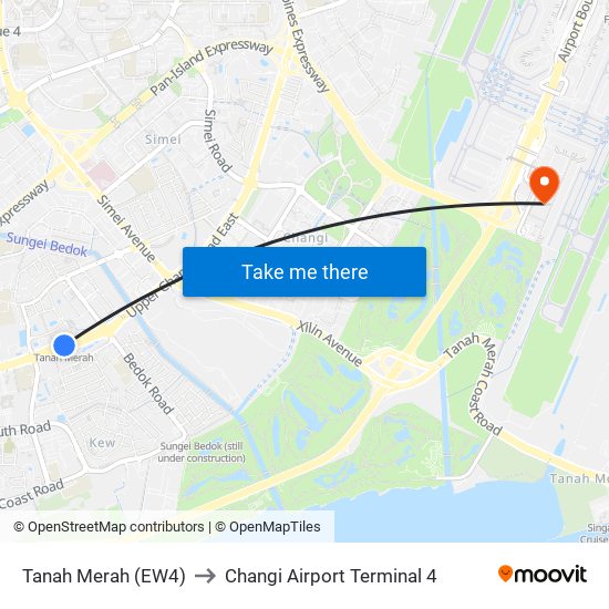 Tanah Merah (EW4) to Changi Airport Terminal 4 map