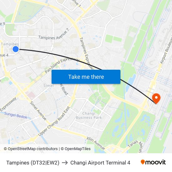 Tampines (DT32|EW2) to Changi Airport Terminal 4 map