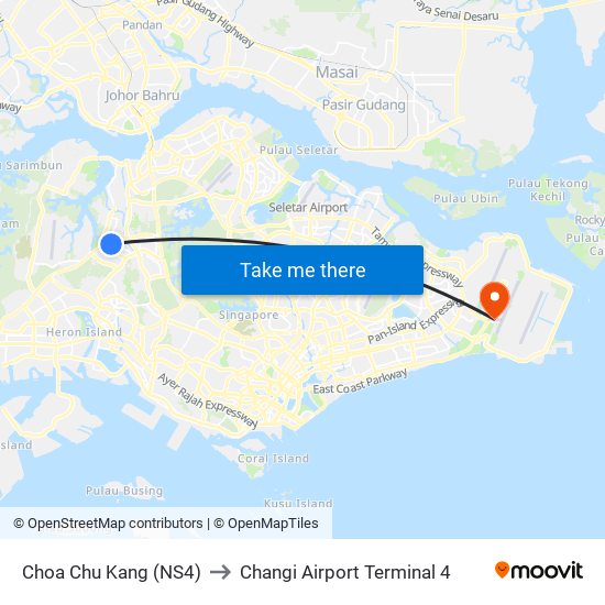 Choa Chu Kang (NS4) to Changi Airport Terminal 4 map