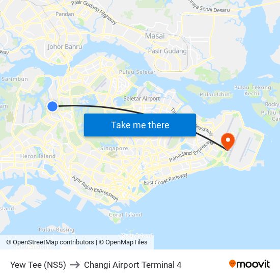 Yew Tee (NS5) to Changi Airport Terminal 4 map