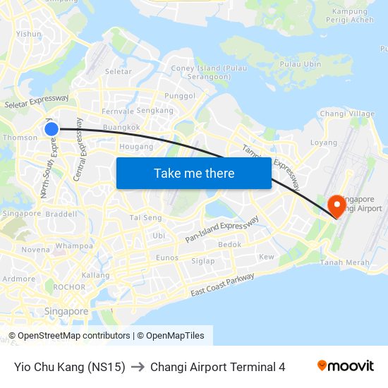 Yio Chu Kang (NS15) to Changi Airport Terminal 4 map