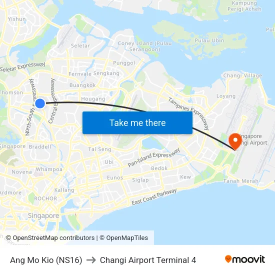 Ang Mo Kio (NS16) to Changi Airport Terminal 4 map