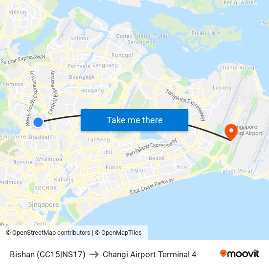 Bishan (CC15|NS17) to Changi Airport Terminal 4 map