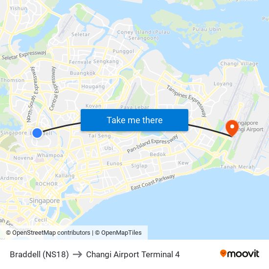 Braddell (NS18) to Changi Airport Terminal 4 map