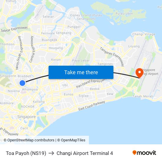 Toa Payoh (NS19) to Changi Airport Terminal 4 map