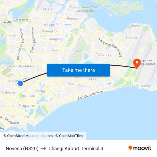 Novena (NS20) to Changi Airport Terminal 4 map