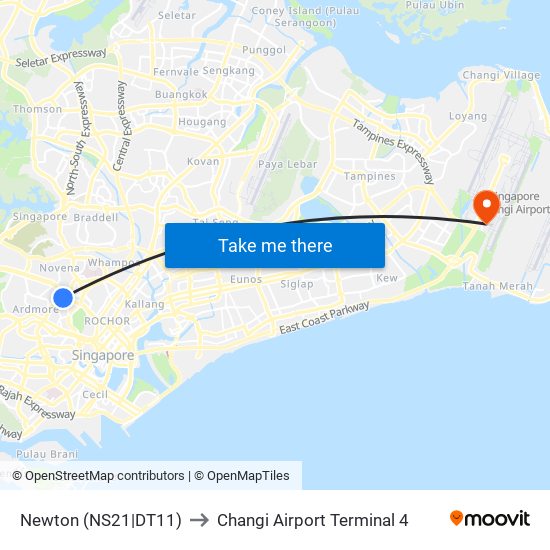 Newton (NS21|DT11) to Changi Airport Terminal 4 map