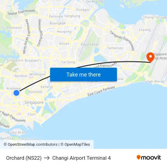 Orchard (NS22) to Changi Airport Terminal 4 map
