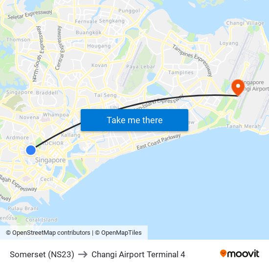 Somerset (NS23) to Changi Airport Terminal 4 map