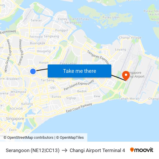 Serangoon (NE12|CC13) to Changi Airport Terminal 4 map