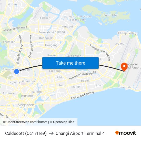 Caldecott (Cc17|Te9) to Changi Airport Terminal 4 map