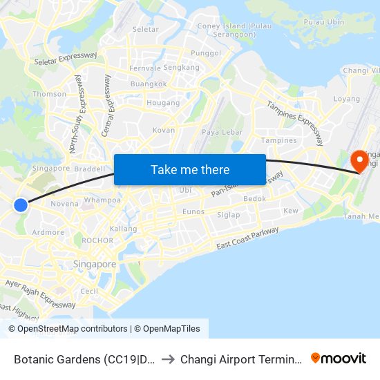 Botanic Gardens (CC19|DT9) to Changi Airport Terminal 4 map