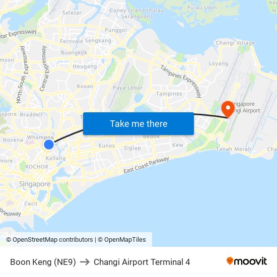 Boon Keng (NE9) to Changi Airport Terminal 4 map