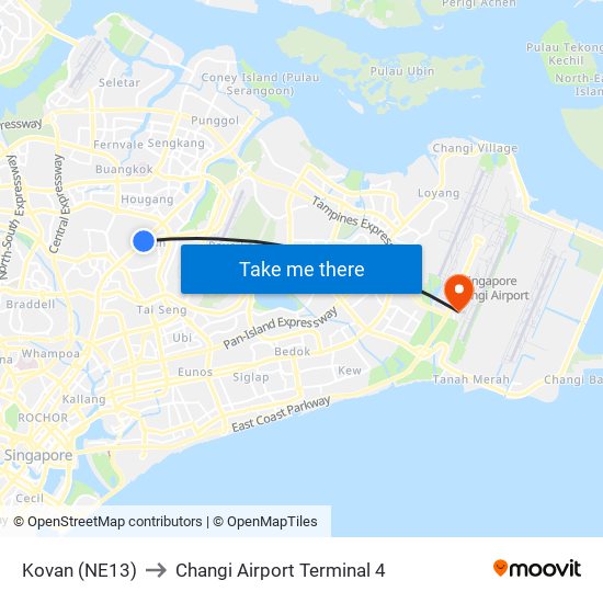 Kovan (NE13) to Changi Airport Terminal 4 map