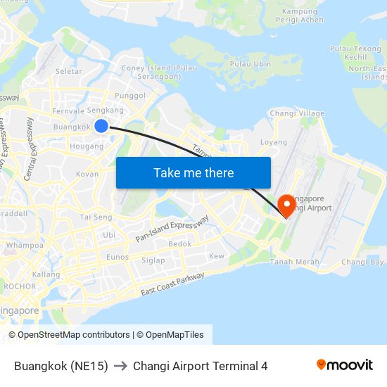 Buangkok (NE15) to Changi Airport Terminal 4 map