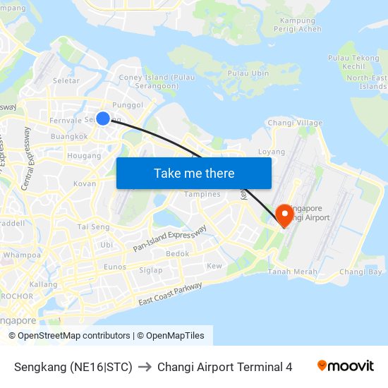 Sengkang (NE16|STC) to Changi Airport Terminal 4 map