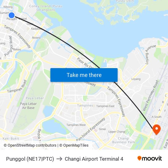 Punggol (NE17|PTC) to Changi Airport Terminal 4 map