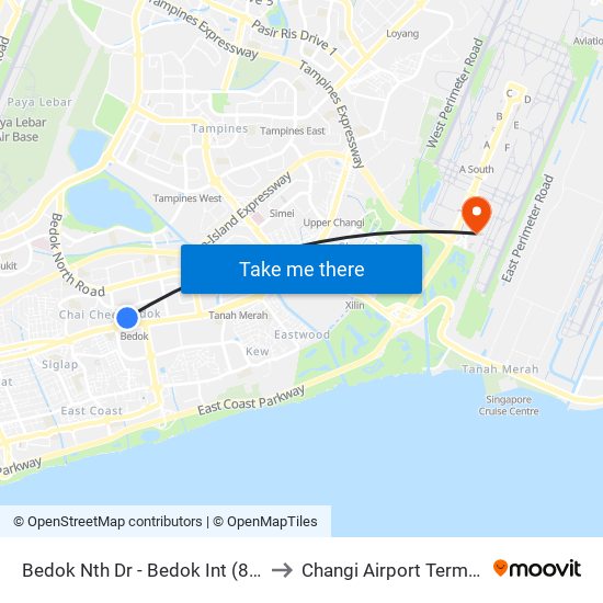 Bedok Nth Dr - Bedok Int (84009) to Changi Airport Terminal 4 map