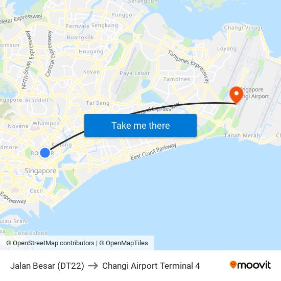 Jalan Besar (DT22) to Changi Airport Terminal 4 map