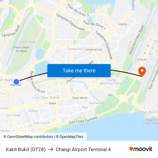 Kakit Bukit (DT28) to Changi Airport Terminal 4 map