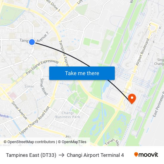 Tampines East (DT33) to Changi Airport Terminal 4 map