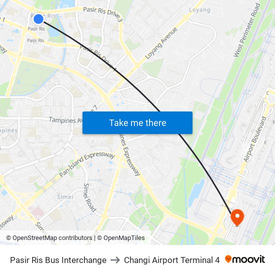 Pasir Ris Bus Interchange to Changi Airport Terminal 4 map